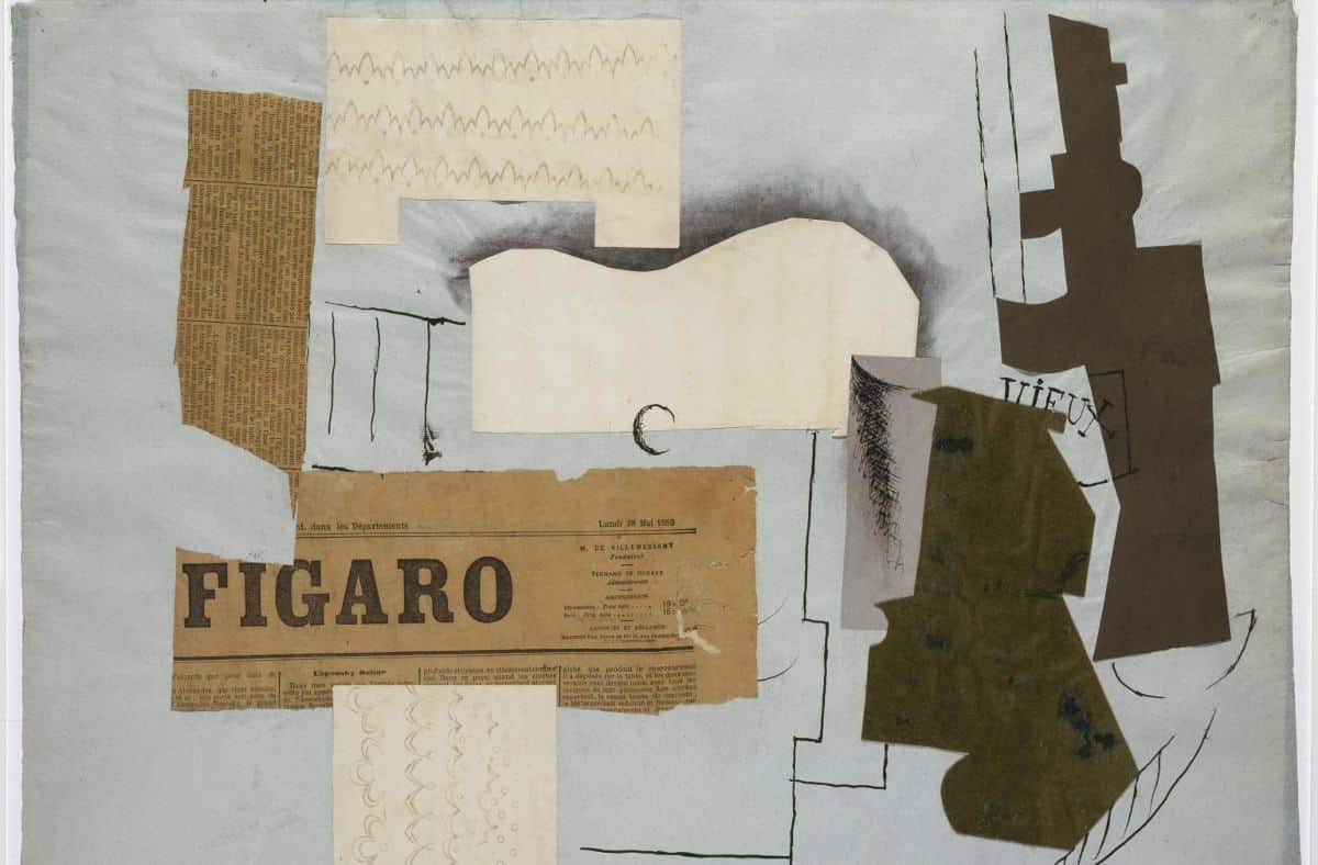 Pablo Picasso - Bottle of Vieux Marc, Glass, Guitar and Newspaper, 1913 - Image via picasso.fr